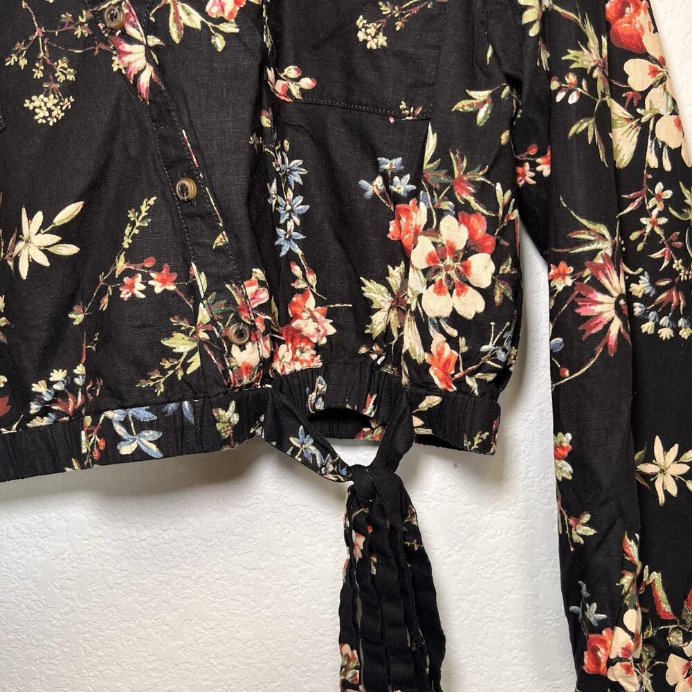 Anthropologie Pilcro Top Size L Black Floral Cropped Waist-tie Linen Blend Fall - Picture 7 of 14